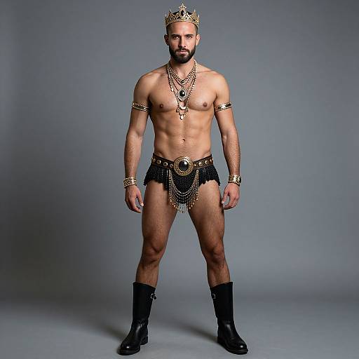 Photograph of a muscular, bearded man with a crown, wearing gold jewelry, black loincloth with chains, and black boots, standing against