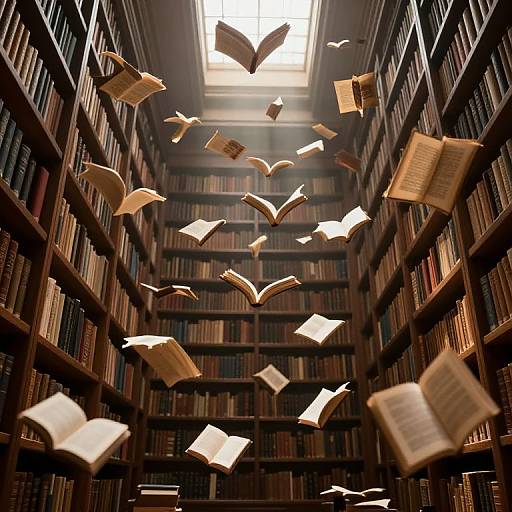 Ethereal Library with Flying Pages