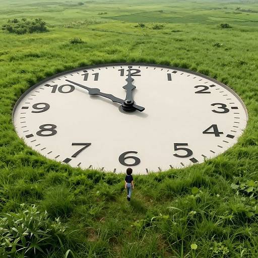 Photograph of a giant, white clock with black numbers and hands, embedded in a lush green grassy field; a small person stands at the clock