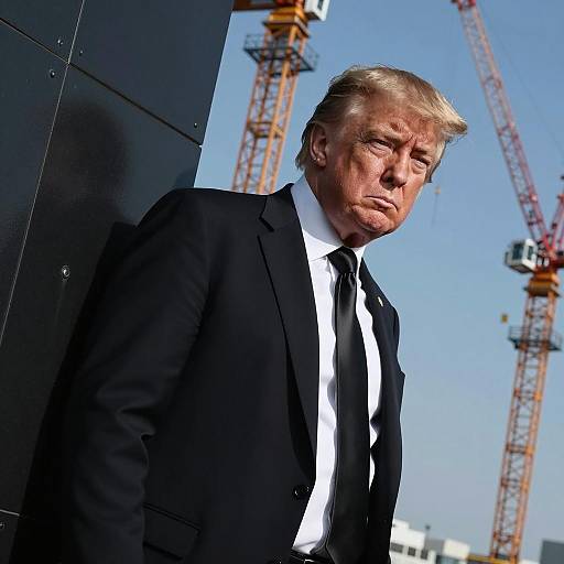Serious Man in Black Suit Against Cranes