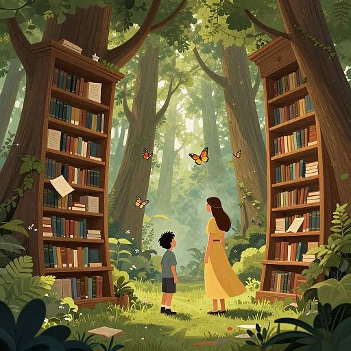 Illustration: A woman in a yellow dress and a boy in a green shirt stand between two wooden bookshelves in a sunlit forest, surrounded