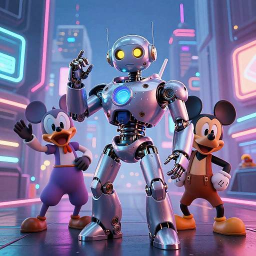 CGI image: Cybernetic Mickey Mouse with glowing yellow eyes, flanked by classic Mickey and Pluto, in a neon-lit, futuristic city