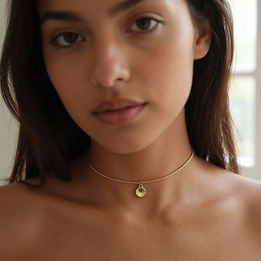 Photograph of a young woman with medium brown skin, long dark brown hair, and brown eyes, wearing a gold necklace with a small circular pendant,
