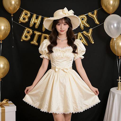 Photograph of Asian woman in cream satin dress and wide-brim hat, smiling, standing against black background with 