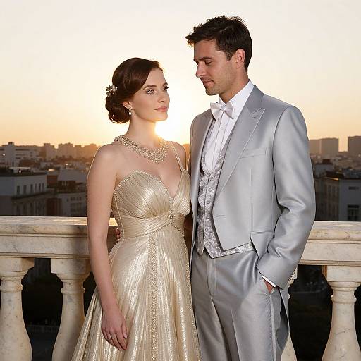 Photograph of a couple in formal attire; she wears a gold, strapless gown, he in a light gray suit with white shirt, standing on