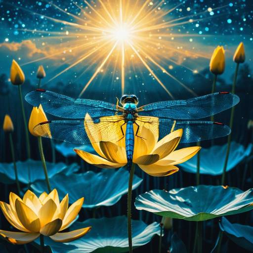 Luminescent Dragonfly on Golden Lotus