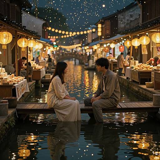 Photograph of a romantic night market scene: a couple sits on a wooden platform in a reflecting waterway, surrounded by glowing lanterns, string lights