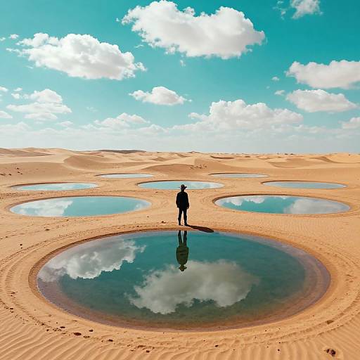 Silhouette of a person standing in a vast desert with circular water puddles reflecting the bright blue sky and fluffy clouds.