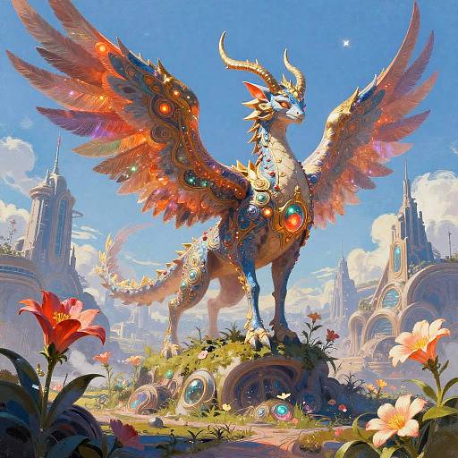 Digital fantasy artwork of a majestic, horned dragon with vibrant, jewel-encrusted wings standing on a flower-covered rock in a bright, blue
