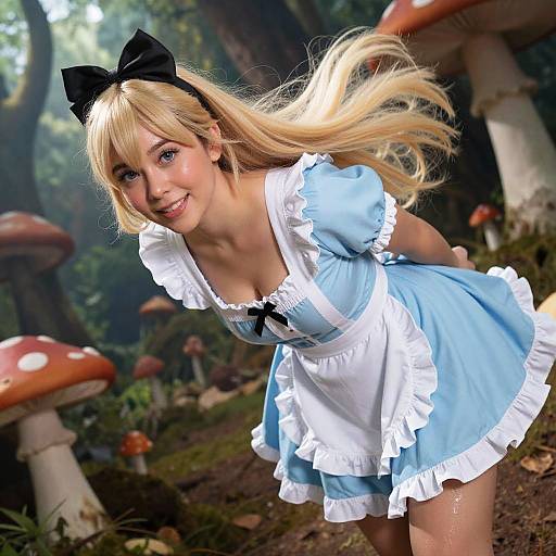 Photorealistic CGI of a blonde woman in a blue Alice in Wonderland dress with white frills, black bow, smiling, bending forward in a forest