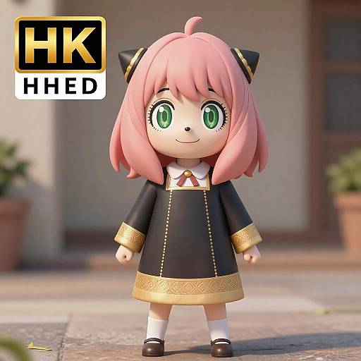 3D CGI chibi-style girl with pink hair, green eyes, black and gold dress, white socks, brown shoes, HK_HED watermark,