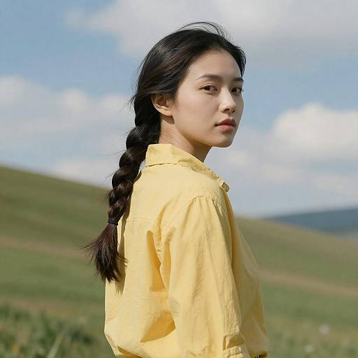 Asian Woman in Yellow Shirt on Hill