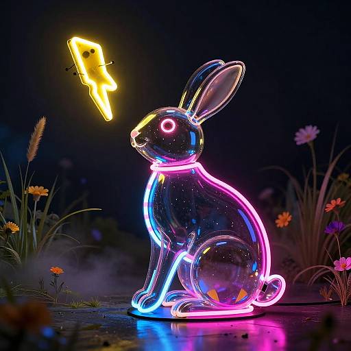 Neon-lit bunny sculpture with glowing pink, blue, and purple outlines, sitting on a dark, floral-themed background, with a yellow butterfly above