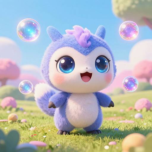 Adorable digital art of a cute, blue and white, fluffy creature with large blue eyes, standing in a sunny meadow, popping bubbles. Bright