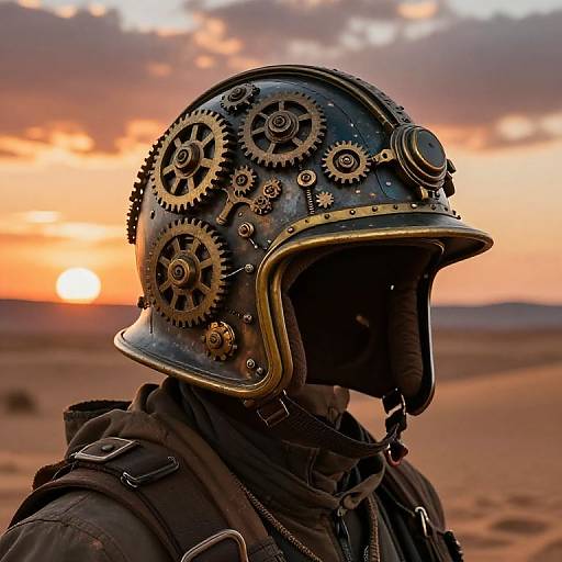 Photograph of a person in a desert at sunset, wearing a black helmet adorned with brass gears, goggles, and beads.