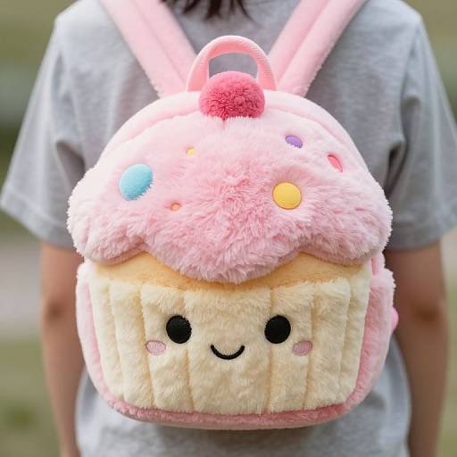Photograph of a person wearing a grey shirt, carrying a pink, fluffy cupcake-shaped backpack with a cute face and colorful buttons.