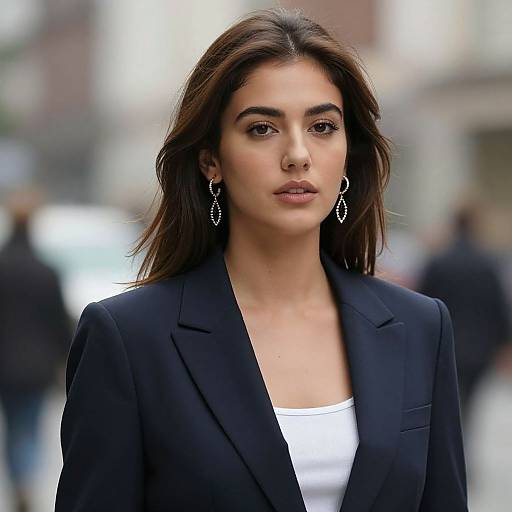 Photograph of a young woman with long brown hair, wearing a black blazer over a white top, and dangling earrings, standing in a blurred urban
