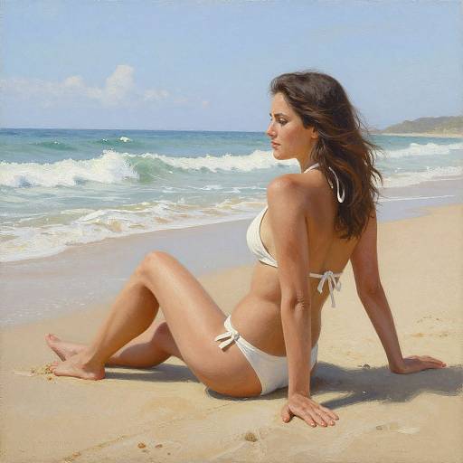Photograph of a tanned, brunette woman with wavy hair, wearing a white bikini, sitting on a sandy beach with blue ocean waves in the