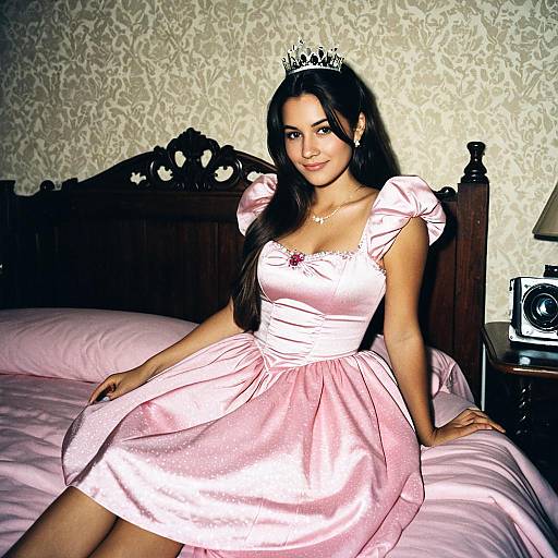 Photograph of a young woman with long black hair, wearing a pink satin princess dress, tiara, and pearl necklace, sitting on a pink bed