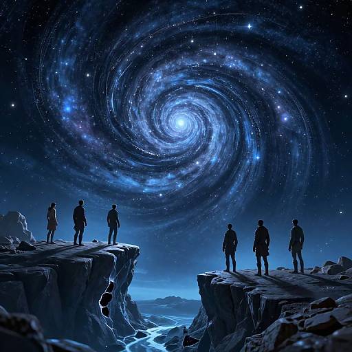 Guardians Under Spiral Galaxy Sky