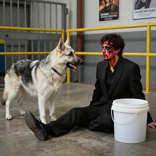 Intense Scene: Man and Dog in Industrial Setting