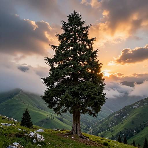 Photograph of a solitary, tall evergreen tree centered against a dramatic sunset sky, with clouds and mist over green mountain slopes.
