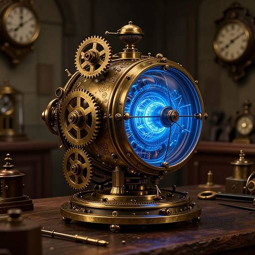 Photograph of a steampunk-style, brass clockwork device with glowing blue, circular display gears, set on a wooden table in a dimly
