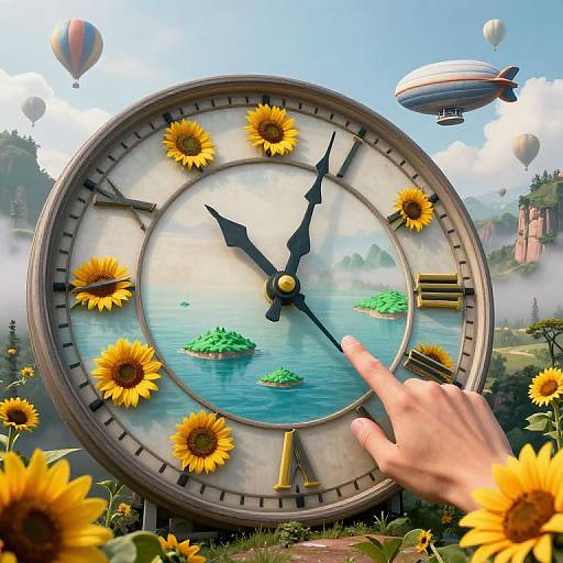 Photorealistic digital artwork: large clock with sunflower hands, floating islands, hot air balloons, and a pointing hand among sunflowers.