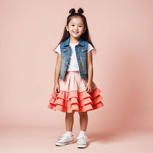 Smiling little girl in denim vest and layered skirt