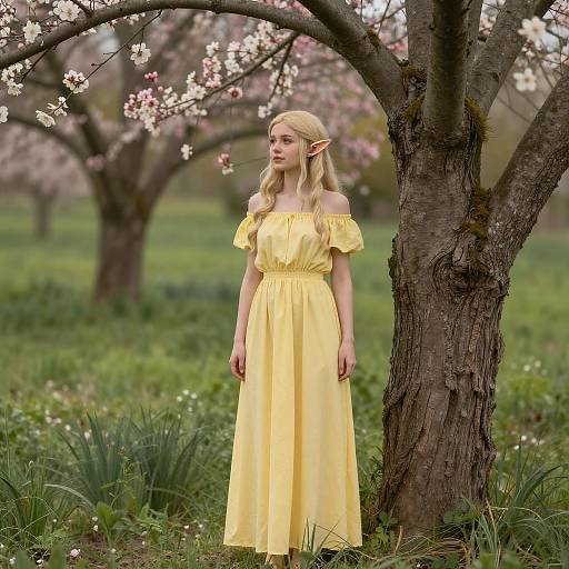Young Elf Woman in Yellow Dress Beside Blooming Tree