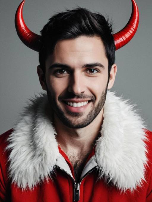 Smiling Man in Red Costume with Devil Horns