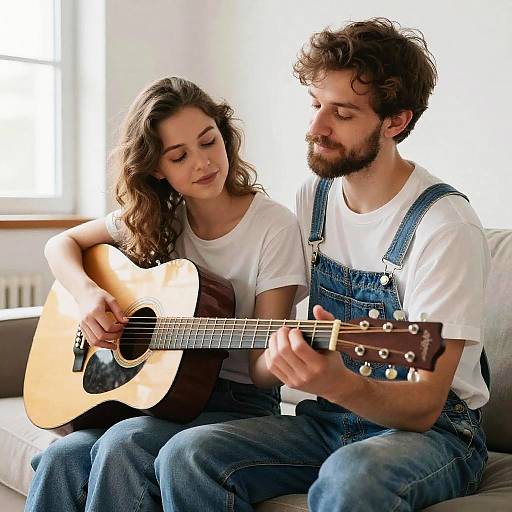 Bearded Man and Girl Playing Guitar