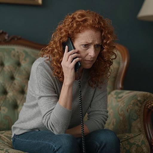 Concerned Woman Using Corded Phone Indoors