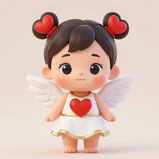 Cute digital illustration of a chibi-style baby angel with black hair in heart-shaped buns, wearing a white dress with a red heart, and