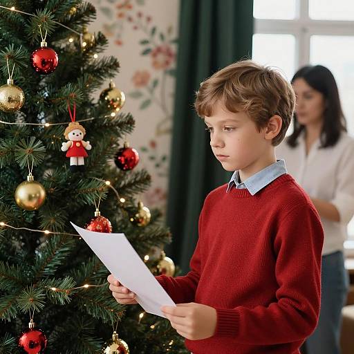 Boy Holding Paper Next to Decorated Christmas Tree