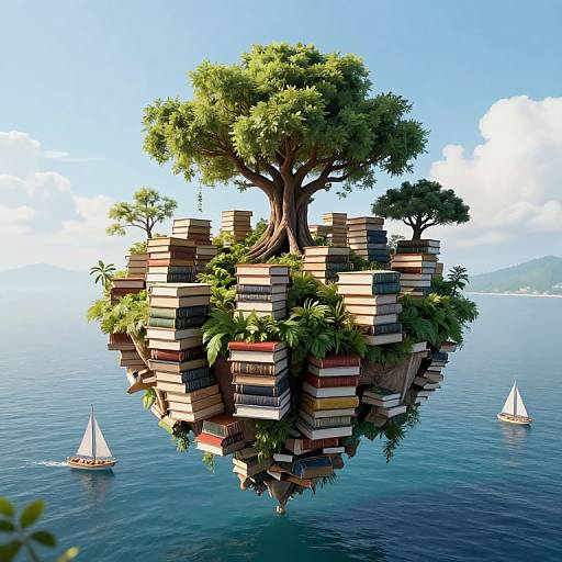 Photorealistic CGI of a floating island covered in stacked books, surrounded by lush greenery and trees, with two small sailboats in a clear blue