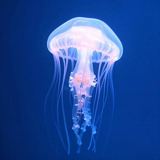 Photograph of a glowing, translucent jellyfish with white and blue hues, surrounded by delicate, flowing tentacles against a dark blue background.