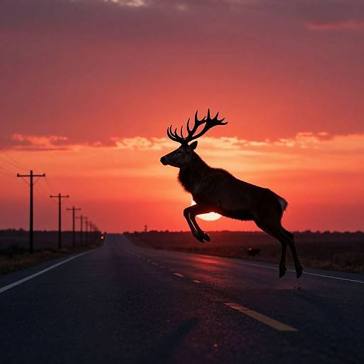 Silhouetted deer with large antlers leaps mid-air on a deserted road at sunset, against a vibrant red and orange sky.