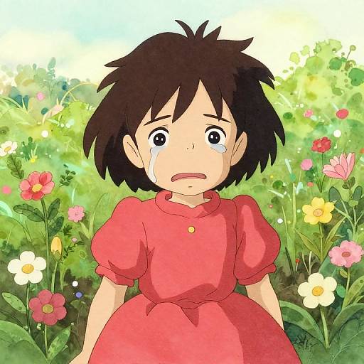 Anime-style digital drawing of a tearful child with short black hair, wearing a red dress, standing in a colorful, sunlit garden.
