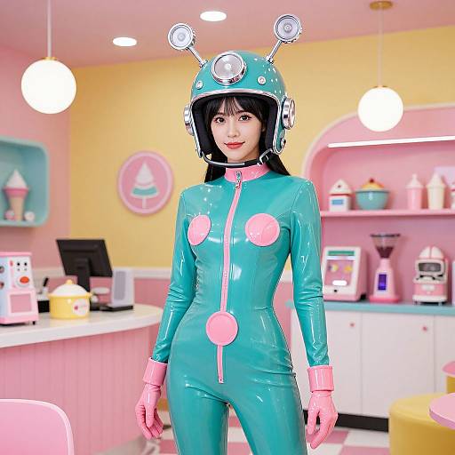 Photograph of an Asian woman in a shiny turquoise latex catsuit with pink accents, wearing a teal helmet with antennae, in a pastel-colored