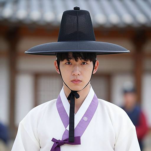 Photograph of a young Asian man in traditional Japanese samurai attire, wearing a black wide-brimmed hat and white kimono with purple trim,