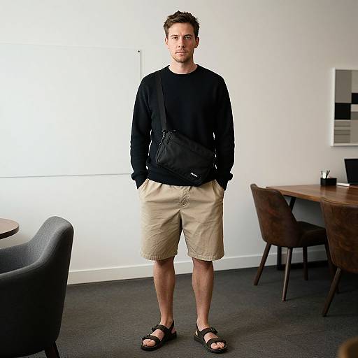 Photograph of a young man with short brown hair, wearing a black long-sleeve shirt, beige shorts, black sandals, and a black shoulder