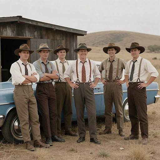 Group of Men in 1940s Attire Outdoors
