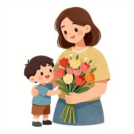 Cartoon-style illustration of a smiling brown-haired woman in a yellow shirt and blue skirt, holding a bouquet of red, yellow, and pink tulips