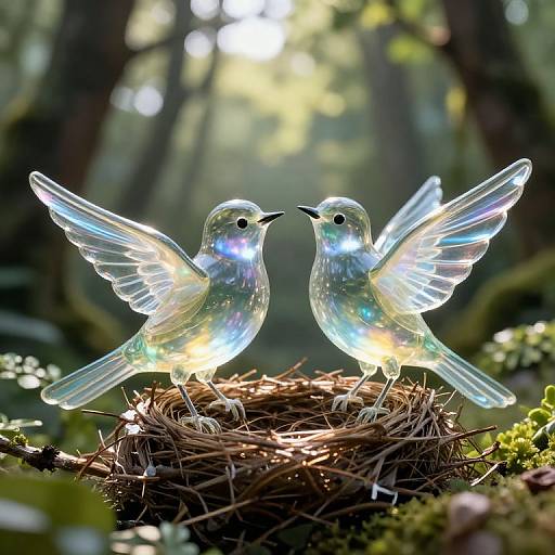 Photograph of two iridescent, glowing birds with outstretched wings in a moss-covered nest, set in a sunlit forest.