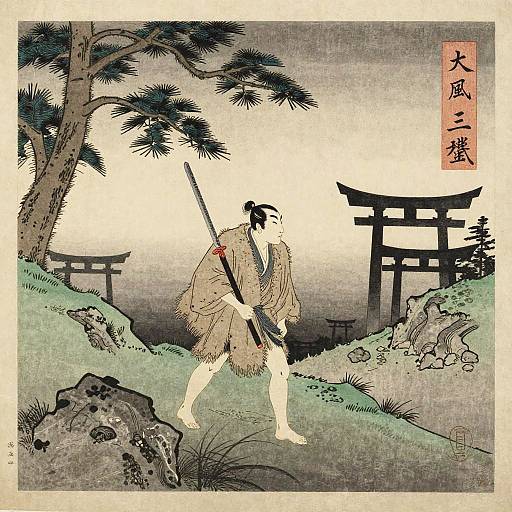 Ukiyo-e woodblock print of a samurai in beige kimono and hakama, carrying a sword, walking past torii gates and pine