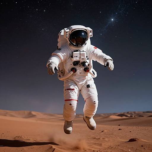Photorealistic CGI of an astronaut in a white spacesuit with a black visor, jumping on a dusty, reddish desert planet under a star