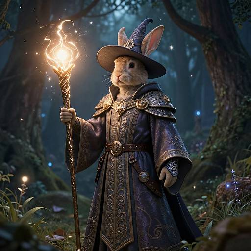 Digital artwork of an anthropomorphic rabbit wizard in detailed medieval robes, holding a glowing, magical staff, in a mystical forest.