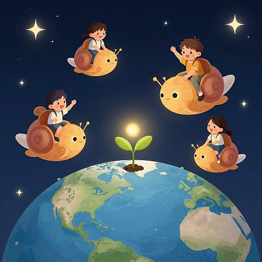 Digital illustration: Four anime-style children with brown hair and backpacks, flying on large, orange, cute fish-like creatures above a glowing plant on Earth