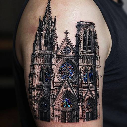 Black and gray tattoo of intricate Gothic cathedral with colorful stained glass windows on a person's upper arm, wearing a black sleeveless shirt. Photorealistic